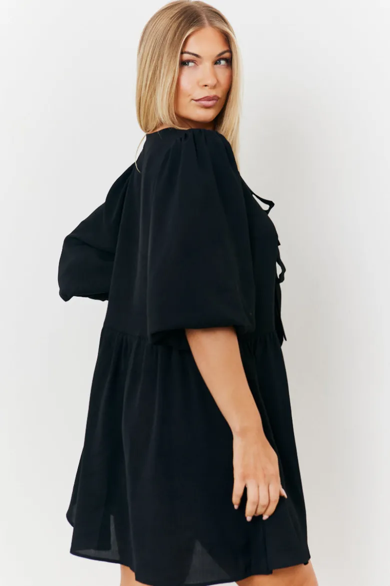 Puff Sleeve Bow Detail Mini Dress