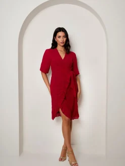 Puff Sleeve Dobby Ruffle Wrap Mini Dress in Red