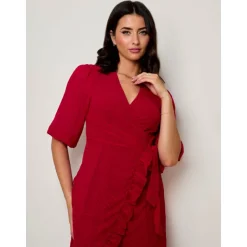 Puff Sleeve Dobby Ruffle Wrap Mini Dress in Red