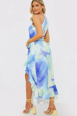 Racer Neck Abstract Print Satin Frill Belted Midaxi Dress