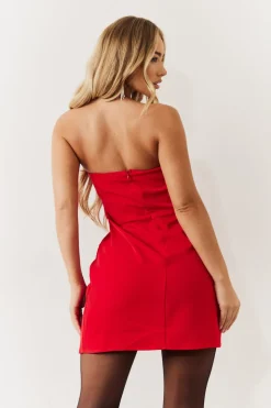 Red Bandeau Bow Front Split Hem Mini Dress