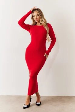 Red Bow Back Knitted Midaxi Dress