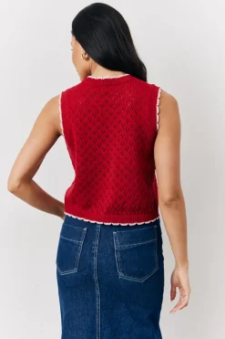Red Contrast Edge Tie Front Knitted Waistcoat
