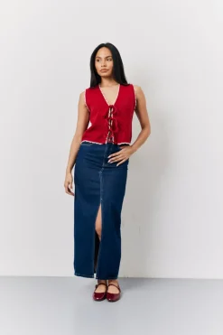 Red Contrast Edge Tie Front Knitted Waistcoat