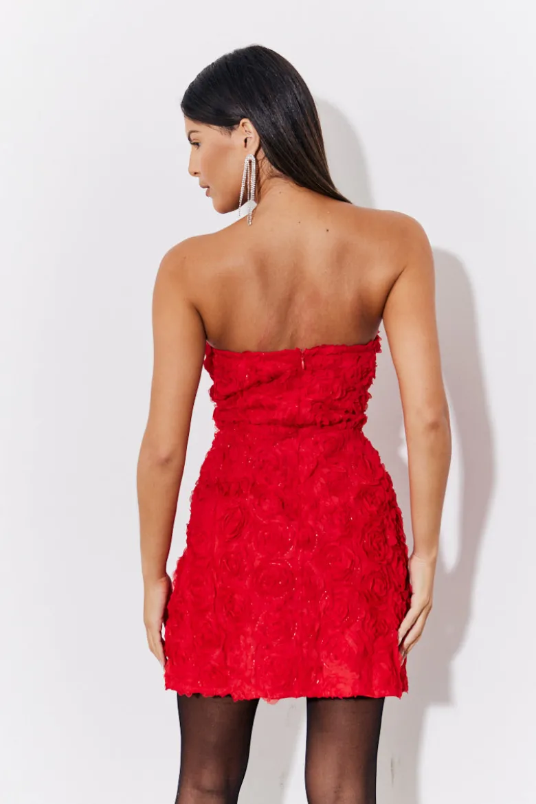 Red 3D Floral Bandeau Mini Dress