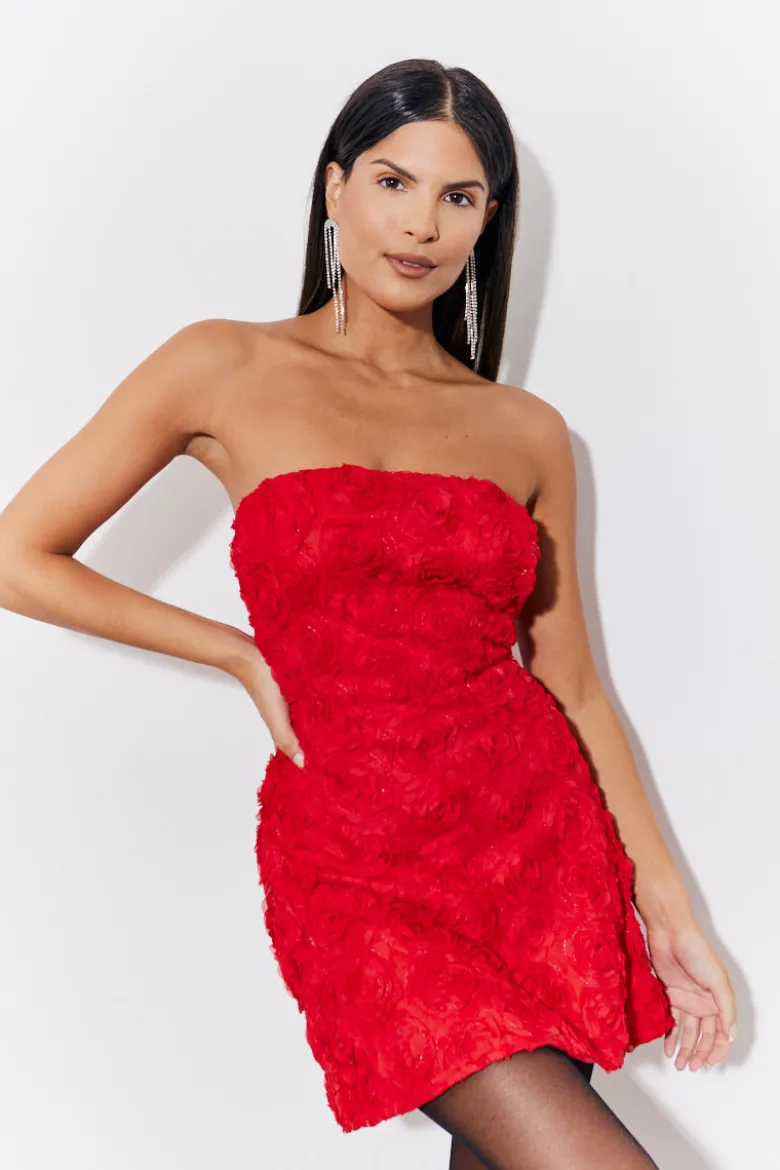 Red 3D Floral Bandeau Mini Dress