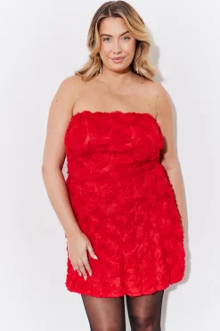 Red 3D Floral Bandeau Mini Dress