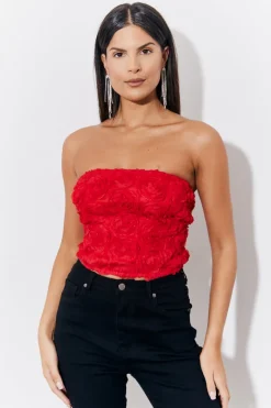 Red 3D Floral Bandeau Top