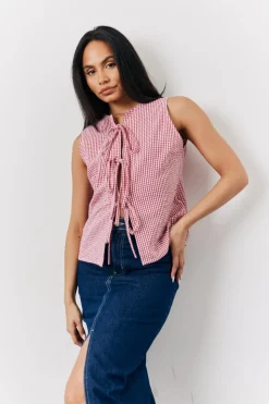 Red Seersucker Gingham Tie Front Top