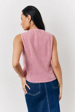 Red Seersucker Gingham Tie Front Top