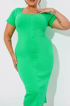 Ribbed Button Through Short Sleeve Midaxi Dress