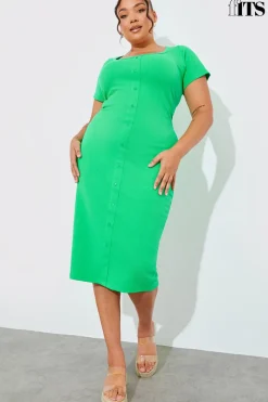 Ribbed Button Through Short Sleeve Midaxi Dress