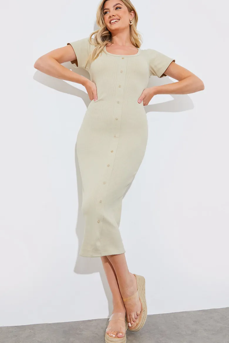 Ribbed Button Through Short Sleeve Midaxi Dress