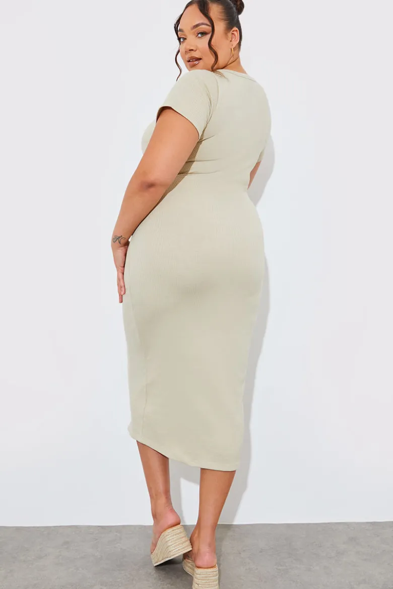 Ribbed Button Through Short Sleeve Midaxi Dress
