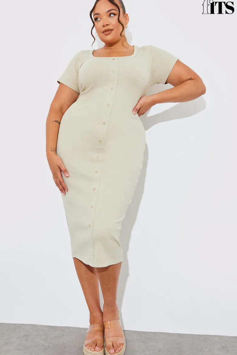 Ribbed Button Through Short Sleeve Midaxi Dress