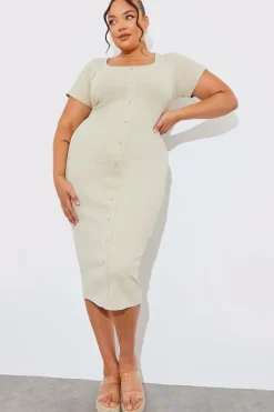 Ribbed Button Through Short Sleeve Midaxi Dress
