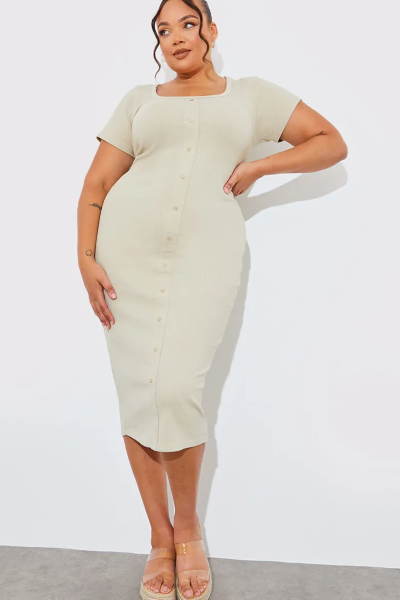 Ribbed Button Through Short Sleeve Midaxi Dress