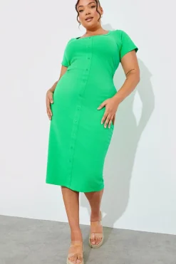 Ribbed Button Through Short Sleeve Midaxi Dress