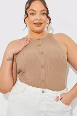 Rib Knit Button Detail Racer Neck Bodysuit