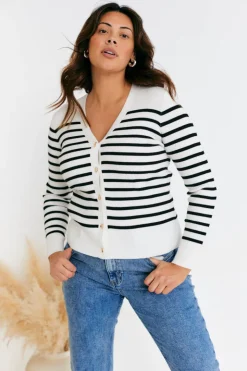 Rib Knit Button Up Stripe Cardigan