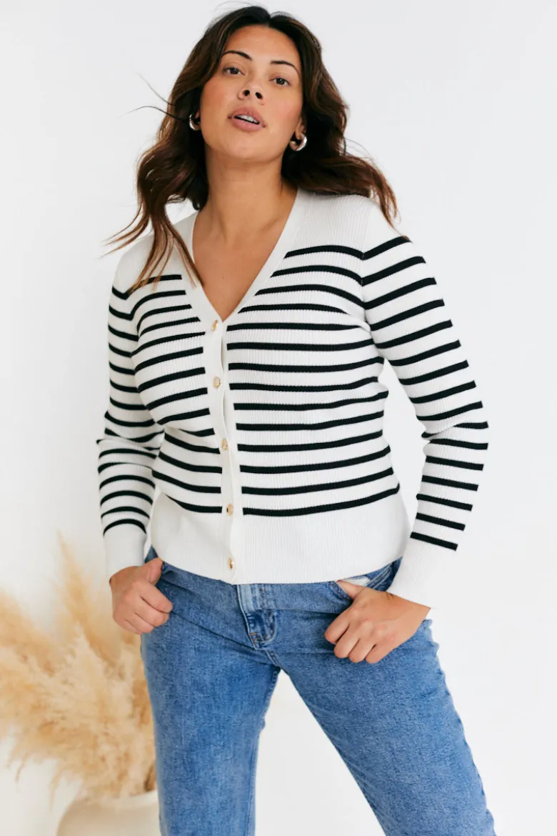 Rib Knit Button Up Stripe Cardigan