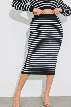 Rib Knit Stripe High Waisted Co-Ord Midi Skirt