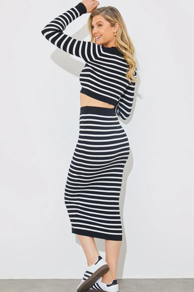 Rib Knit Stripe High Waisted Co-Ord Midi Skirt