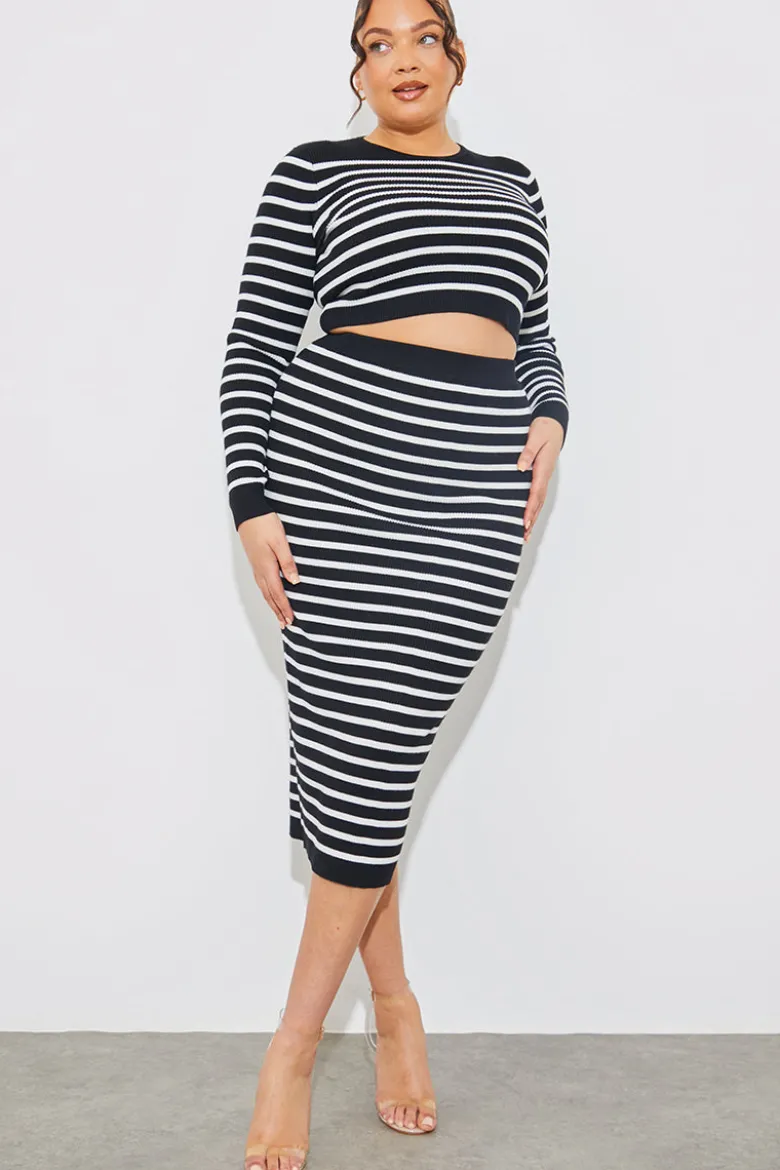 Rib Knit Stripe High Waisted Co-Ord Midi Skirt