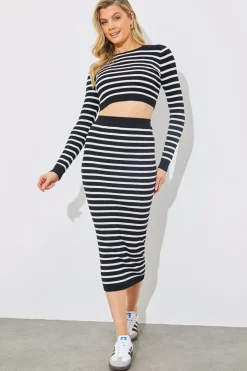 Rib Knit Stripe High Waisted Co-Ord Midi Skirt