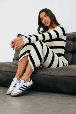 Rib Knit Stripe Long Sleeve Midaxi Dress