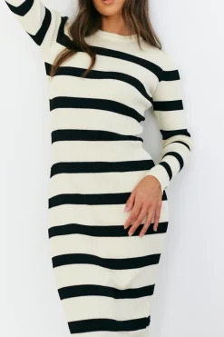 Rib Knit Stripe Long Sleeve Midaxi Dress