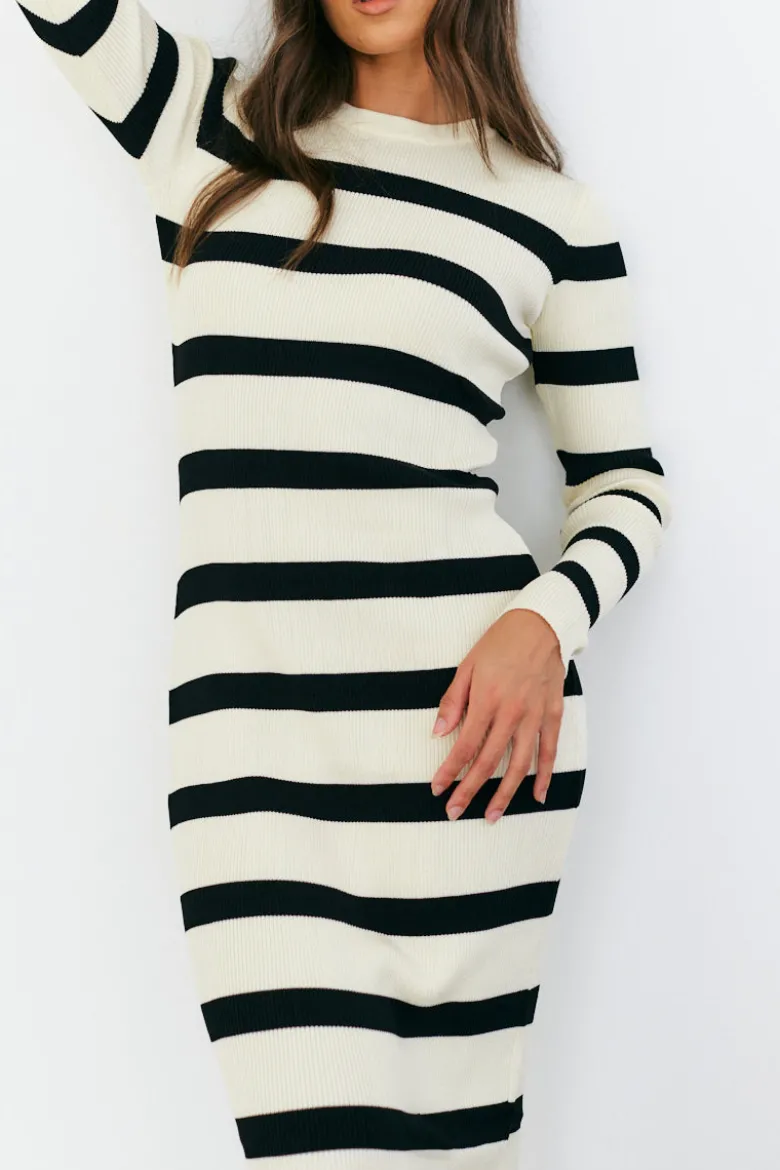 Rib Knit Stripe Long Sleeve Midaxi Dress