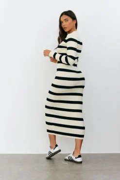 Rib Knit Stripe Long Sleeve Midaxi Dress