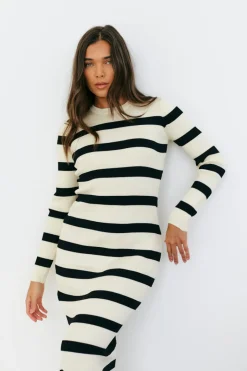 Rib Knit Stripe Long Sleeve Midaxi Dress