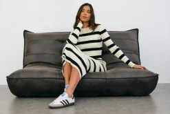 Rib Knit Stripe Long Sleeve Midaxi Dress