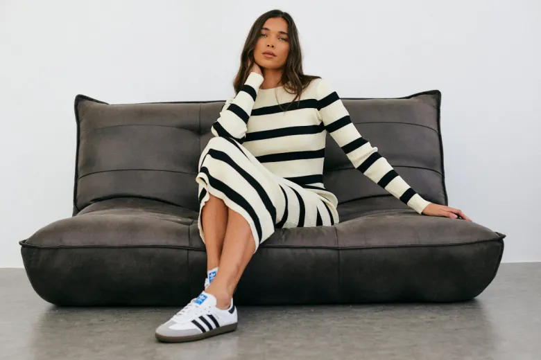 Rib Knit Stripe Long Sleeve Midaxi Dress