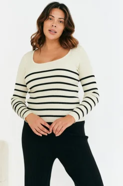 Rib Knit Stripe Scoop Neck Long Sleeve Top