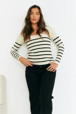Rib Knit Stripe Scoop Neck Long Sleeve Top