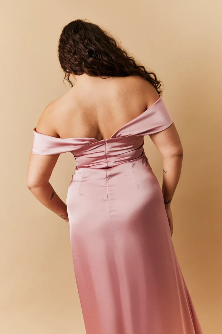 Rose Pink Satin Bardot Ruched Maxi Dress