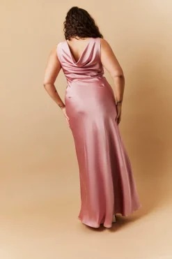 Rose Pink Satin Cowl Back Maxi Dress
