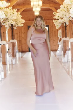 Rose Pink Satin Cowl Back Maxi Dress