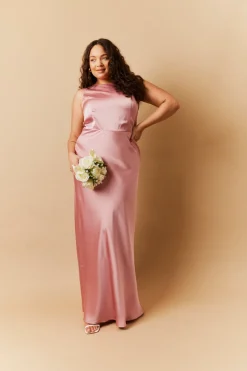 Rose Pink Satin Cowl Back Maxi Dress