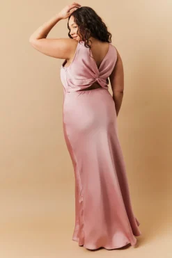 Rose Pink Satin Twist Back Maxi Dress