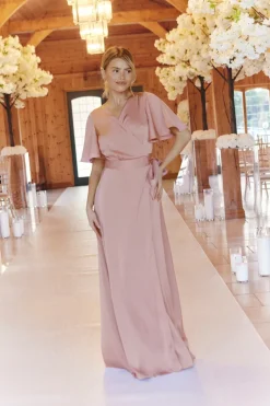 Rose Pink Satin Wrap Tie Angel Sleeve Maxi Dress