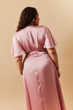 Rose Pink Satin Wrap Tie Angel Sleeve Maxi Dress
