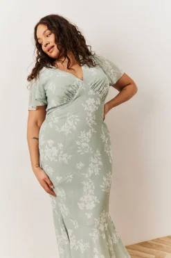 Sage Floral Print Chiffon Flutter Sleeve Maxi Dress
