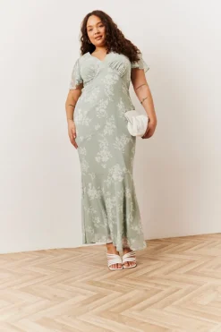 Sage Floral Print Chiffon Flutter Sleeve Maxi Dress