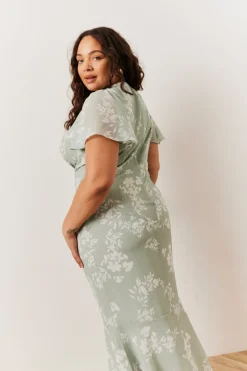Sage Floral Print Chiffon Flutter Sleeve Maxi Dress
