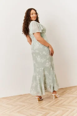 Sage Floral Print Chiffon Flutter Sleeve Maxi Dress