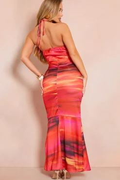 Satin Abstract Print Halterneck Midaxi Dress